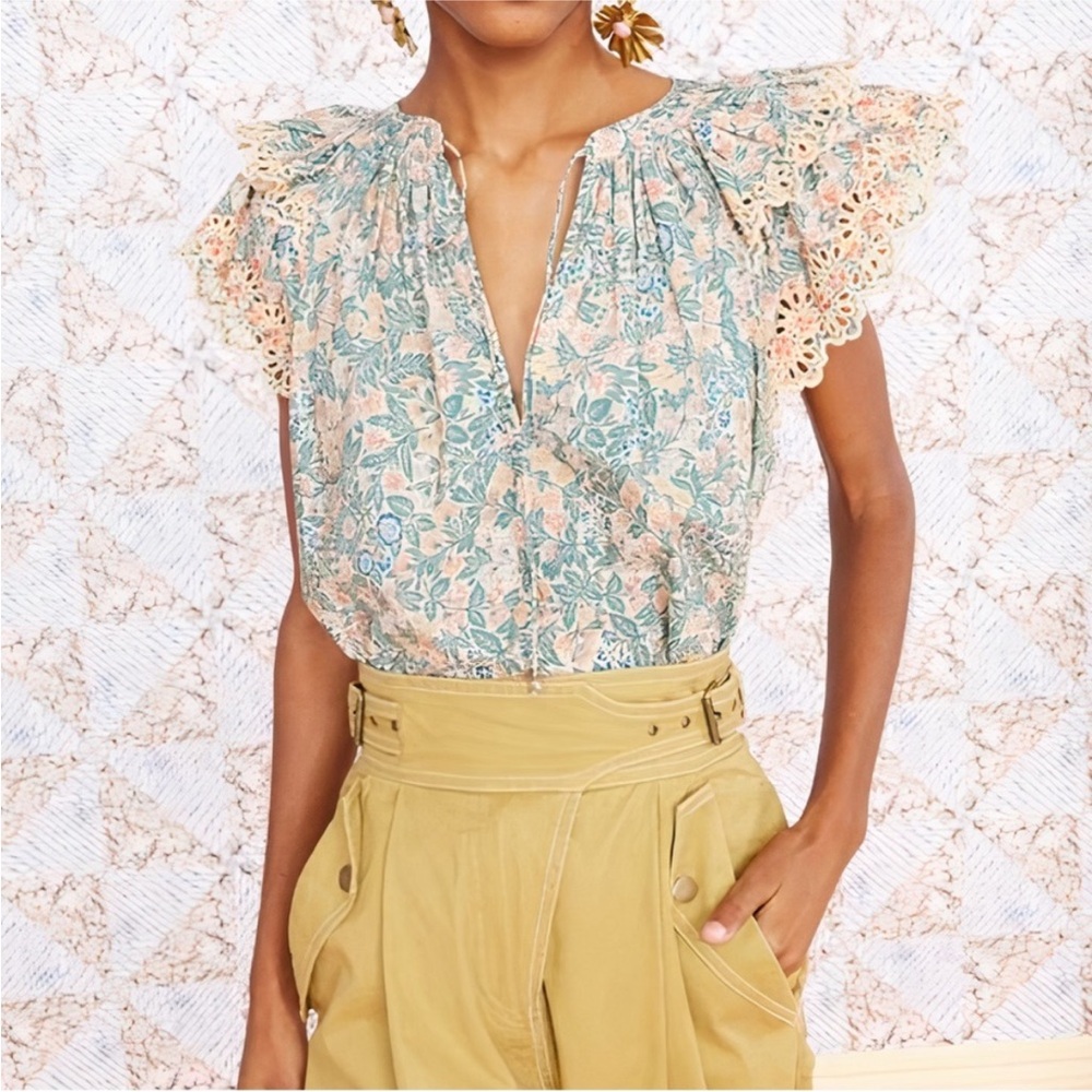 Ulla Johnson Cotton Eyelet Floral Elm Flutter Sleeve Top